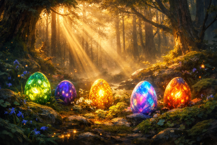 Glowing colorful Easter eggs with intricate patterns placed on moss and rocks in a sunlit enchanted forest with flowers.