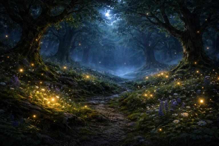A mystical forest pathway at night illuminated by glowing fireflies and soft moonlight filtering through dense tree canopies