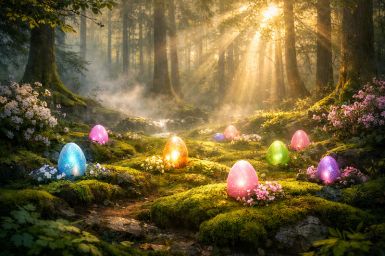 Colorful sparkling Easter eggs nestled on mossy ground with delicate flowers in a bright, sunlit forest clearing