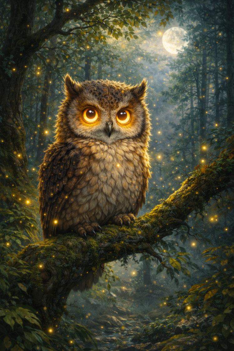 A detailed owl with glowing orange eyes sits on a moss-covered branch in a dense forest illuminated by fireflies and a bright full moon.