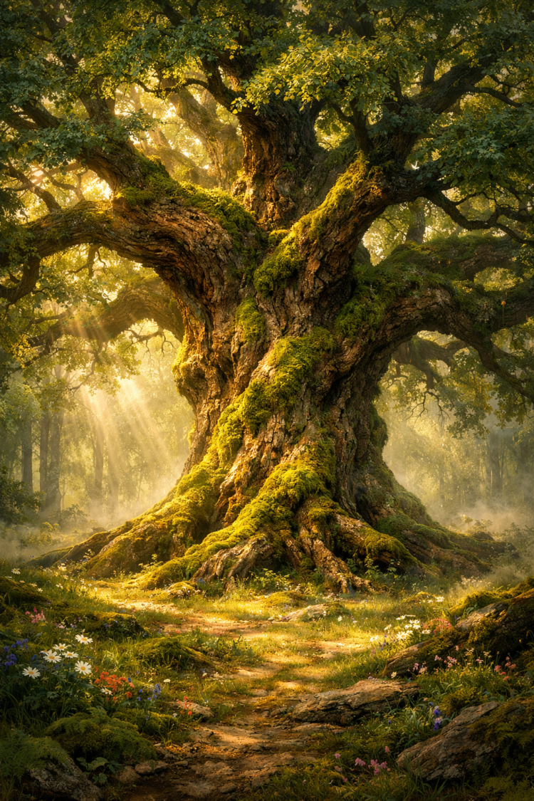A massive ancient oak tree covered in moss with sprawling branches in a sunlit enchanted forest clearing with wildflowers.