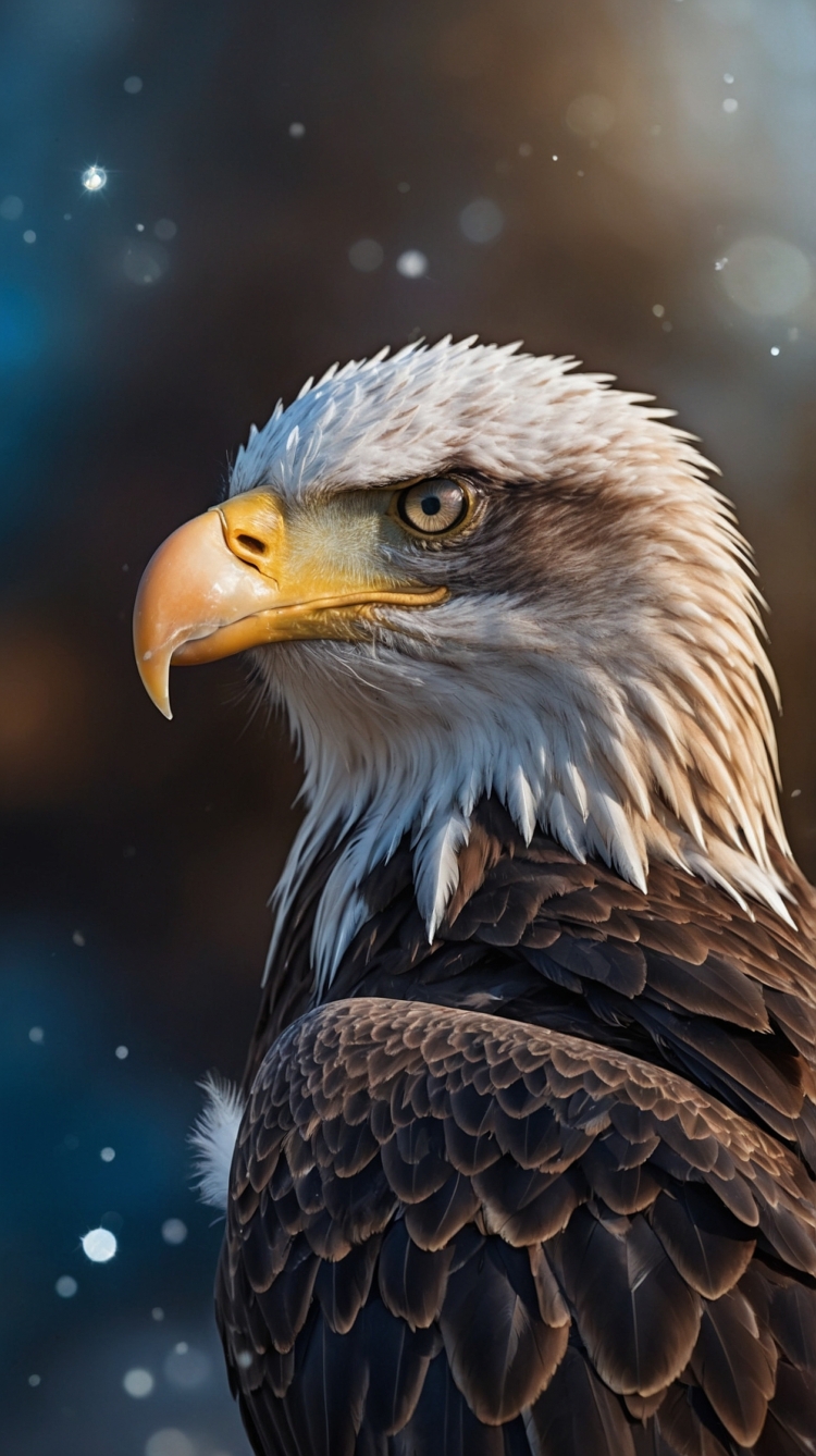 Close-up side profile of a majestic bald eagle with sharp yellow beak and detailed feathers in soft light