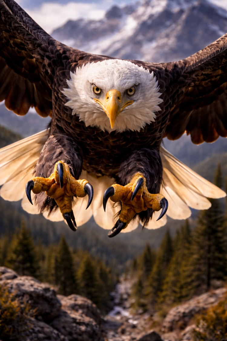 Close-up of a bald eagle flying towards the camera with claws extended and mountainous forest scenery in background