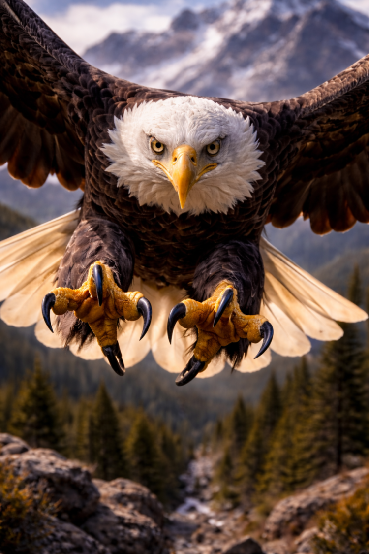 Close-up of a bald eagle flying towards the camera with claws extended and mountainous forest scenery in background