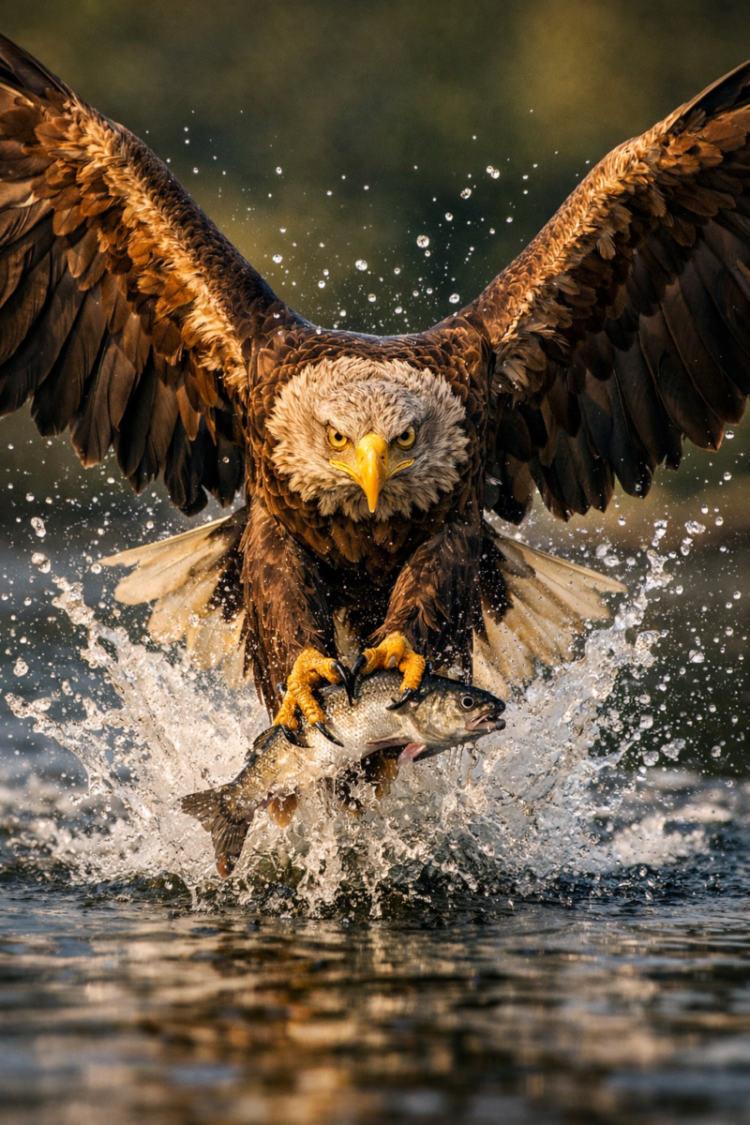 A fierce eagle with wings spread wide catching a fish from water, splashing water droplets around