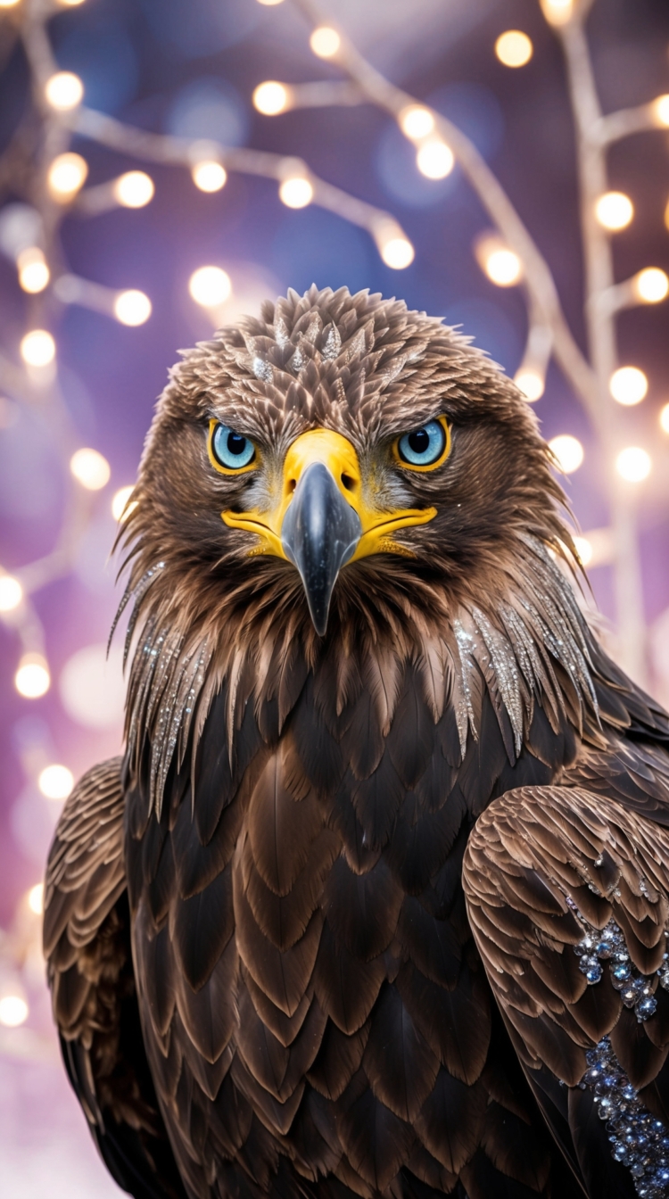 Close-up portrait of a majestic eagle with piercing blue eyes and detailed feathers against a purple background with soft white bokeh lights