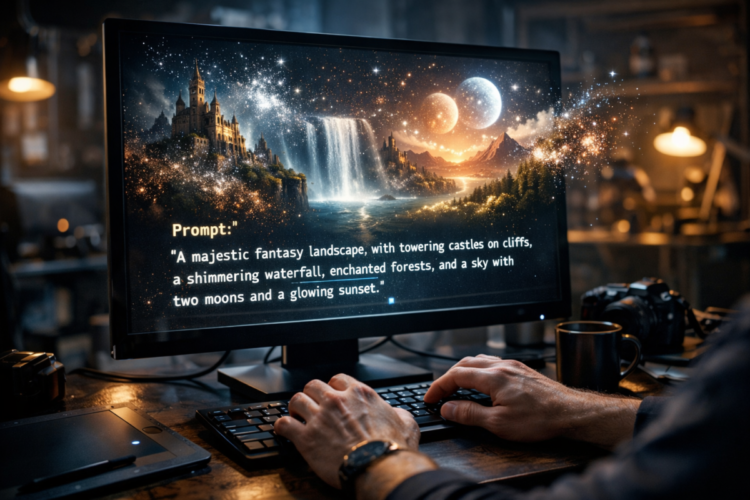 Computer screen displaying a majestic fantasy landscape with towering castles on cliffs, shimmering waterfall, enchanted forests, two moons, and a glowing sunset.