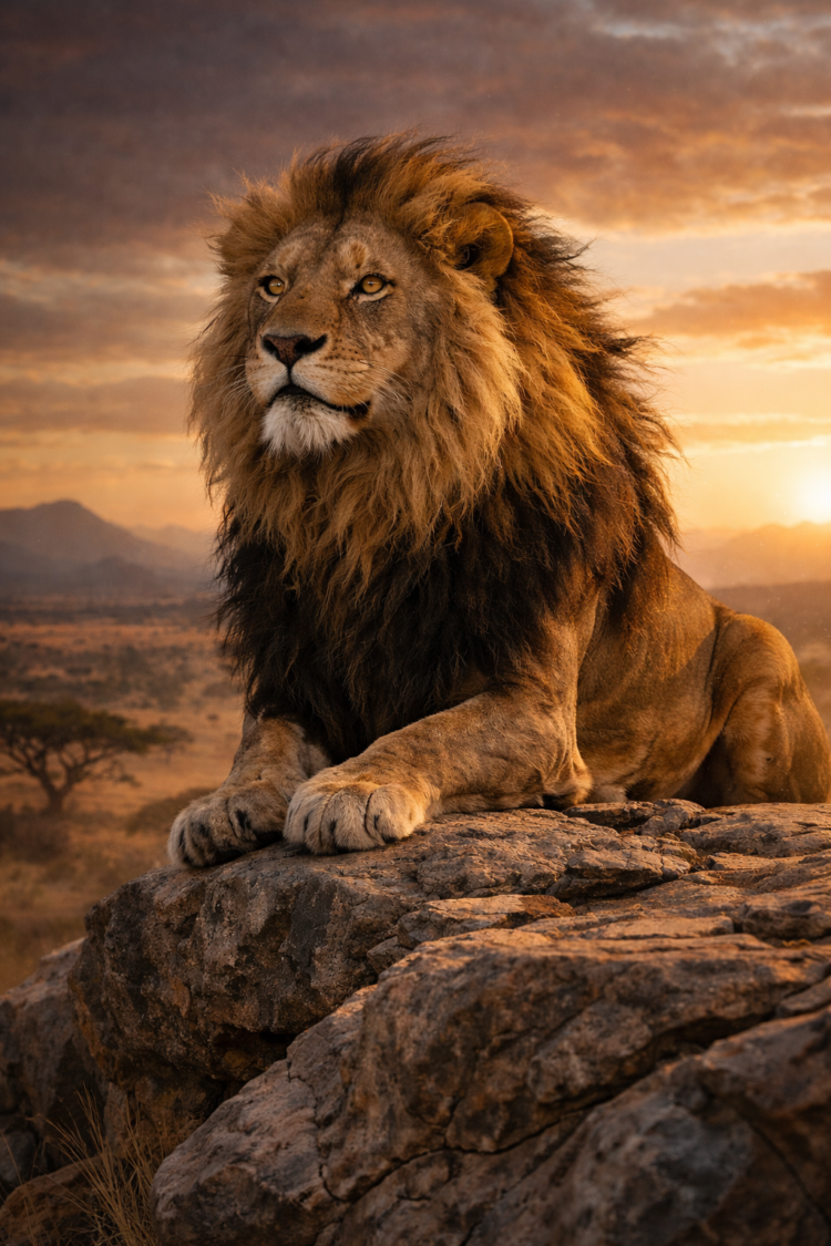 Portrait of a majestic male lion with a dark mane resting on rocks during a golden sunset in the African savannah