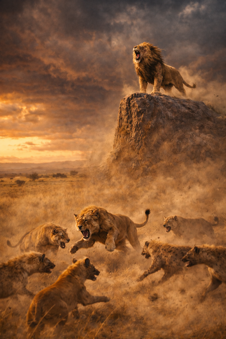 A lion standing and roaring on a rock overlooking a group of lions and hyenas in a dusty savannah at sunset.