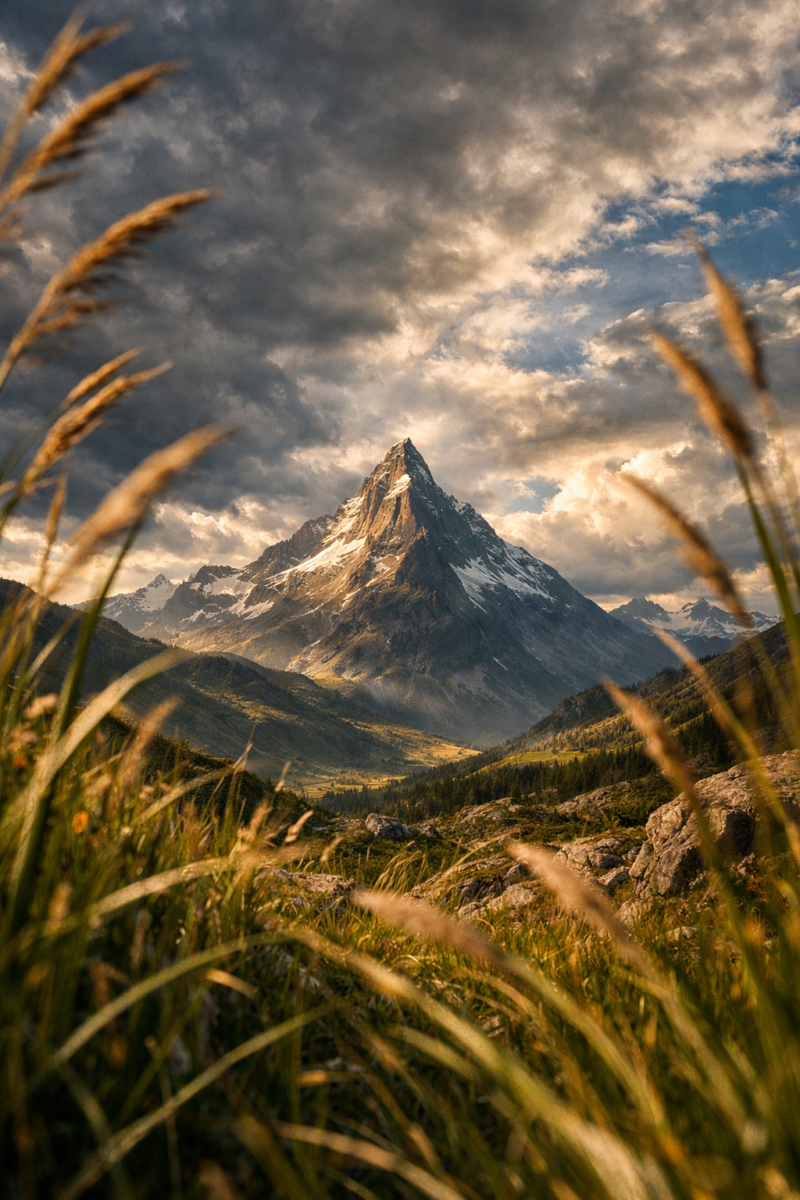 A towering mountain peak with snow patches illuminated by golden sunset light, framed by foreground grasses and dramatic clouds