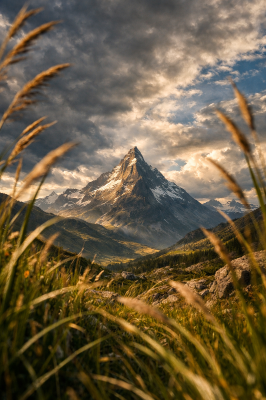 A towering mountain peak with snow patches illuminated by golden sunset light, framed by foreground grasses and dramatic clouds