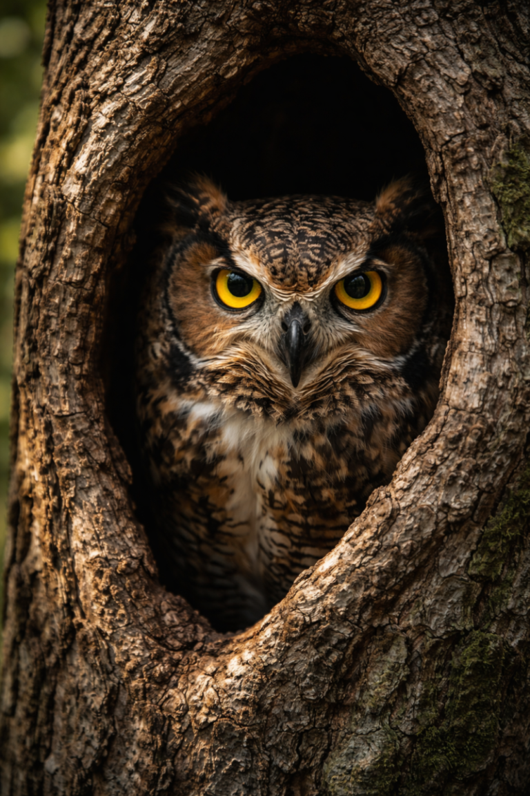 Close-up of a majestic owl with bright yellow eyes peering out from a hollow in a textured tree trunk