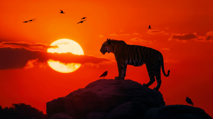 Silhouette of a tiger standing on a rocky hill against a bright orange sunset sky with birds flying and perched nearby