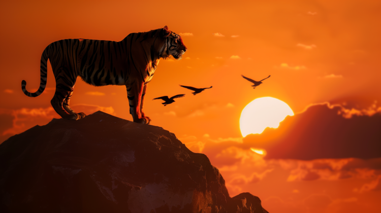 Silhouette of a tiger standing on a rock with birds flying nearby during a vibrant orange sunset