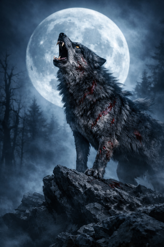 A fierce wolf with bloodstains howling atop rocky terrain under a large bright full moon in a misty, dark forest.