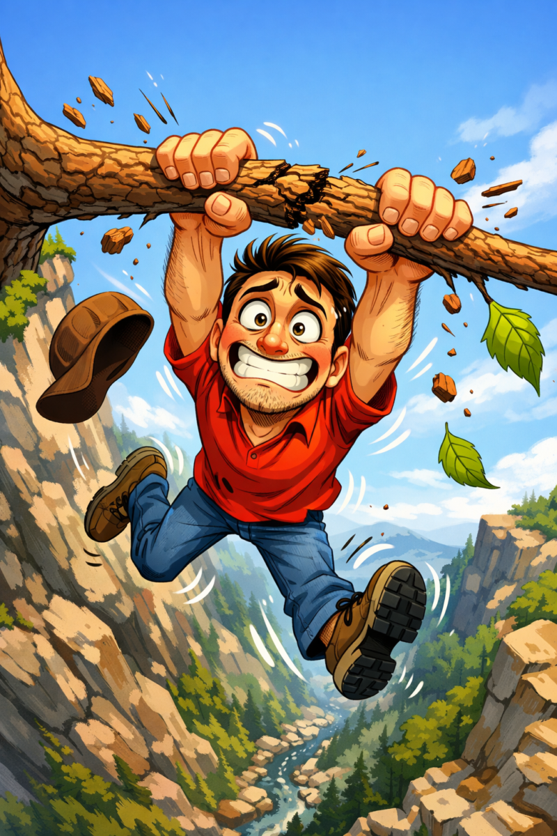 Cartoon illustration of a man in a red shirt hanging on a breaking tree branch over a canyon with anxious expression