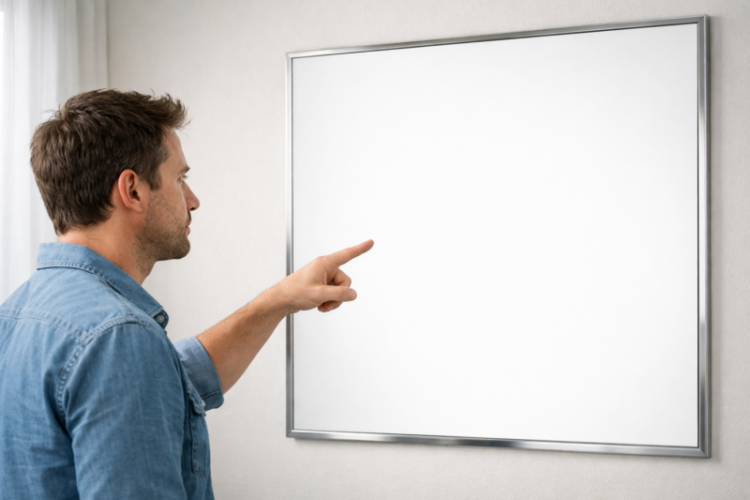 A man in a denim shirt points at a clean white framed board hanging on a light-colored wall indoors