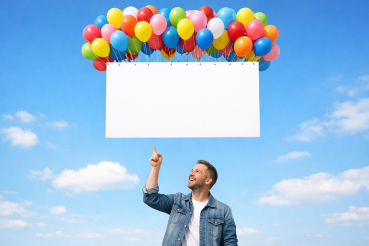 Smiling man in denim jacket pointing up towards a large blank white banner floating in the sky held by many colorful balloons