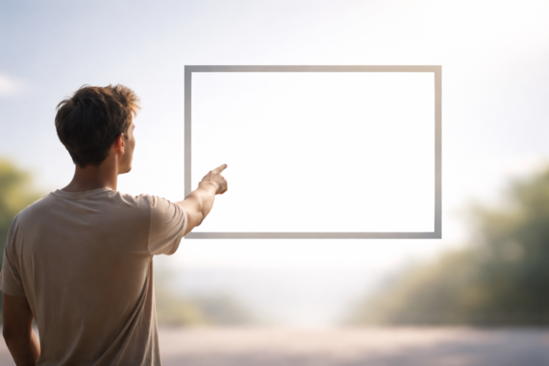 Young man in a neutral shirt pointing at a floating transparent board with blurred nature background