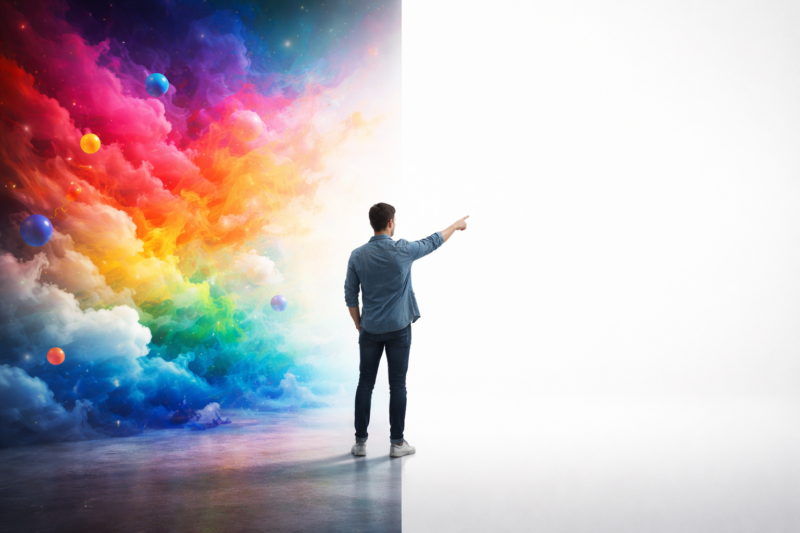 Person standing and pointing towards a striking burst of colorful cosmic clouds and floating spheres against a white open space