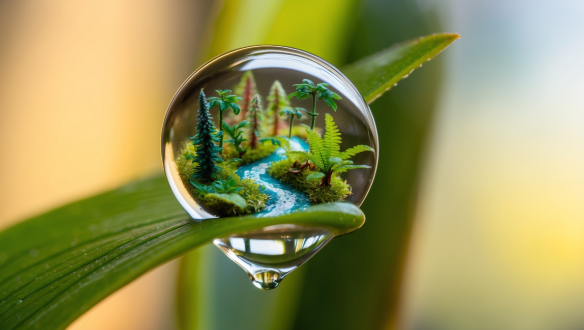 A tiny detailed forest with a river inside a clear water droplet resting on a green leaf with a blurred background