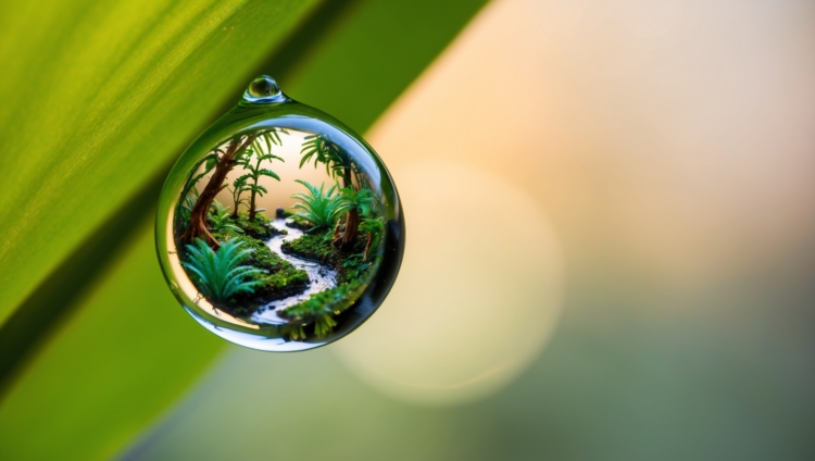 Close-up of a water droplet on a green leaf showing a miniature forest with trees and a winding stream inside it