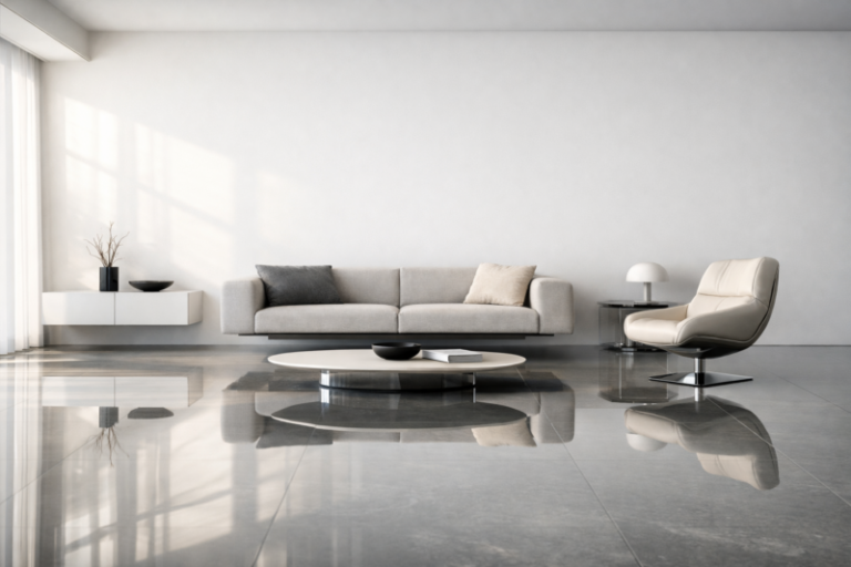Spacious minimalist living room featuring a light gray sofa with cushions, round coffee table, modern leather armchair, and glossy floor tiles