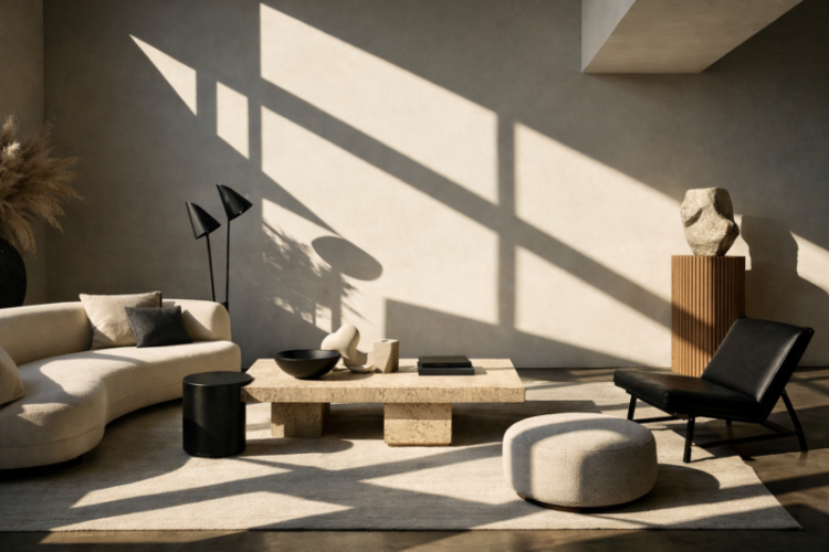 Modern minimalist living room with curved beige sofa, black chair, stone coffee table, and sunlight casting geometric shadows