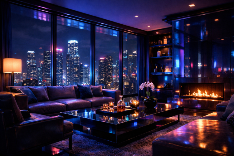 Luxurious living room with plush dark leather seating, glowing fireplace, glass coffee table, and city skyline visible through floor-to-ceiling windows at night