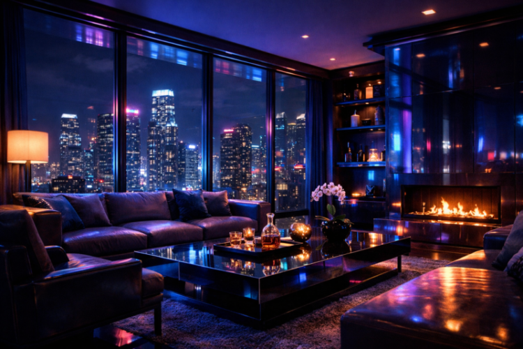 Luxurious living room with plush dark leather seating, glowing fireplace, glass coffee table, and city skyline visible through floor-to-ceiling windows at night