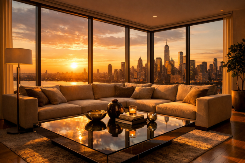 Spacious contemporary living room with a large beige sectional sofa, glass coffee table, and floor-to-ceiling windows overlooking a sunset city skyline