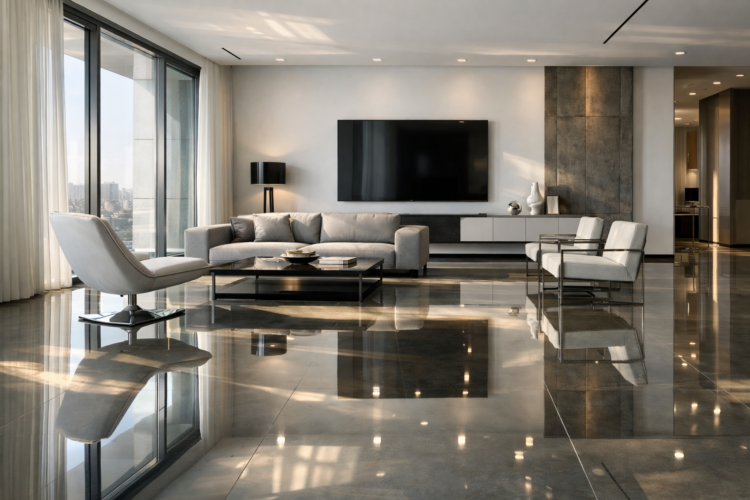 Spacious living room featuring large grey sofa, white chairs, marble flooring, and floor-to-ceiling windows with city view