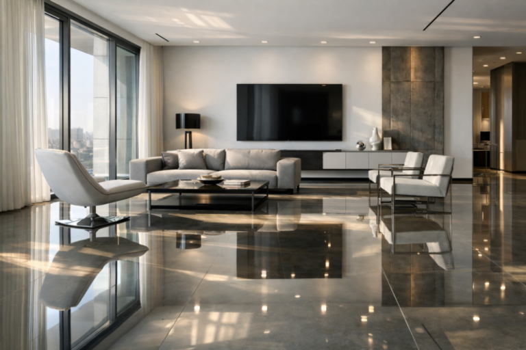 Spacious living room featuring large grey sofa, white chairs, marble flooring, and floor-to-ceiling windows with city view