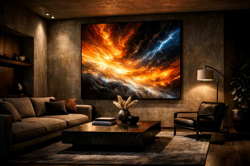 Modern living room featuring dark tones and an abstract wall art with fiery orange and electric blue swirling patterns above a coffee table and seating.