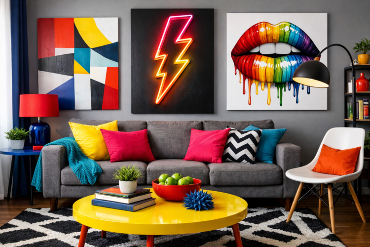 Contemporary living room featuring a gray sofa with colorful cushions, bright artwork including neon lightning bolt and rainbow lips, and a yellow coffee table