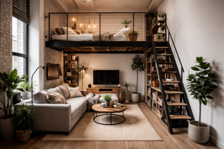 Cozy modern loft apartment featuring a living room with a grey sofa, a round wooden coffee table, large windows, plants, and a bedroom loft with black railings