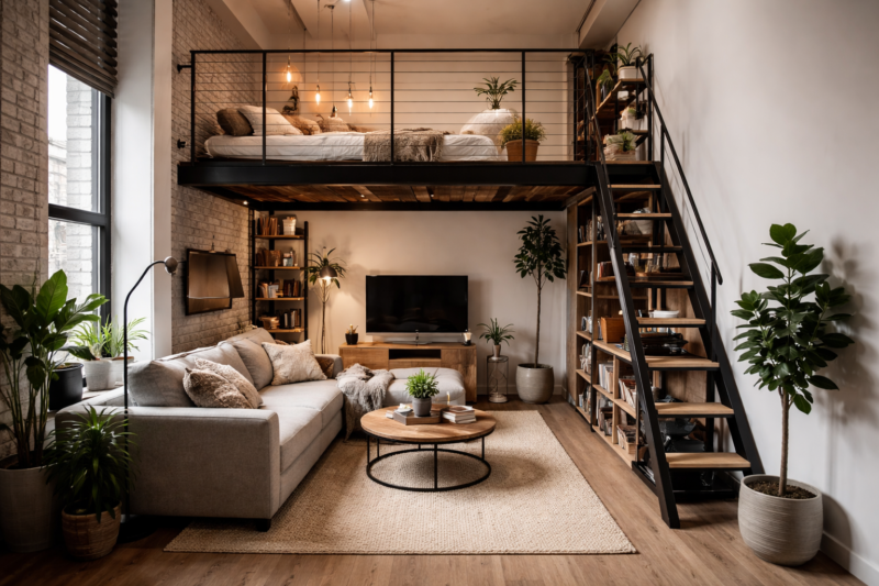 Cozy modern loft apartment featuring a living room with a grey sofa, a round wooden coffee table, large windows, plants, and a bedroom loft with black railings