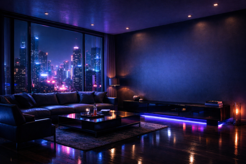 A sleek modern living room at night featuring a spacious sectional couch, illuminated city skyline seen through large windows, and vibrant blue-purple ambient lighting