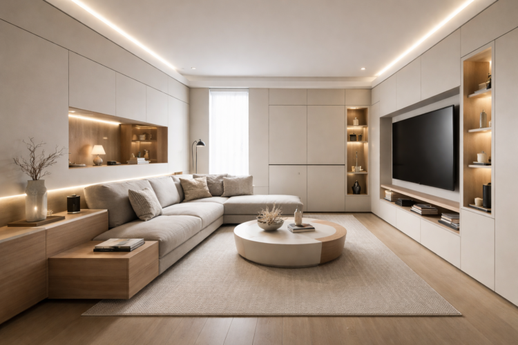 Spacious modern living room featuring a large beige sectional sofa, round wooden coffee table, built-in cabinets, and wall-mounted TV