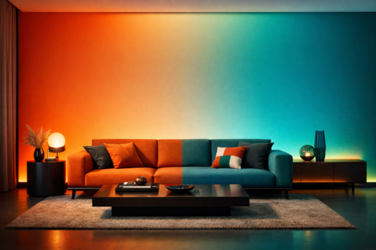 Modern living room with a split-color sofa featuring orange and teal cushions and ambient lighting blending warm and cool tones