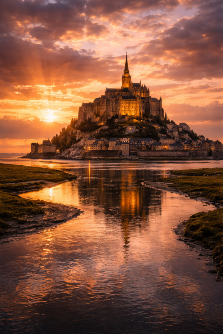 Mont Saint Michel illuminated during sunset with vibrant sky and reflections in the water