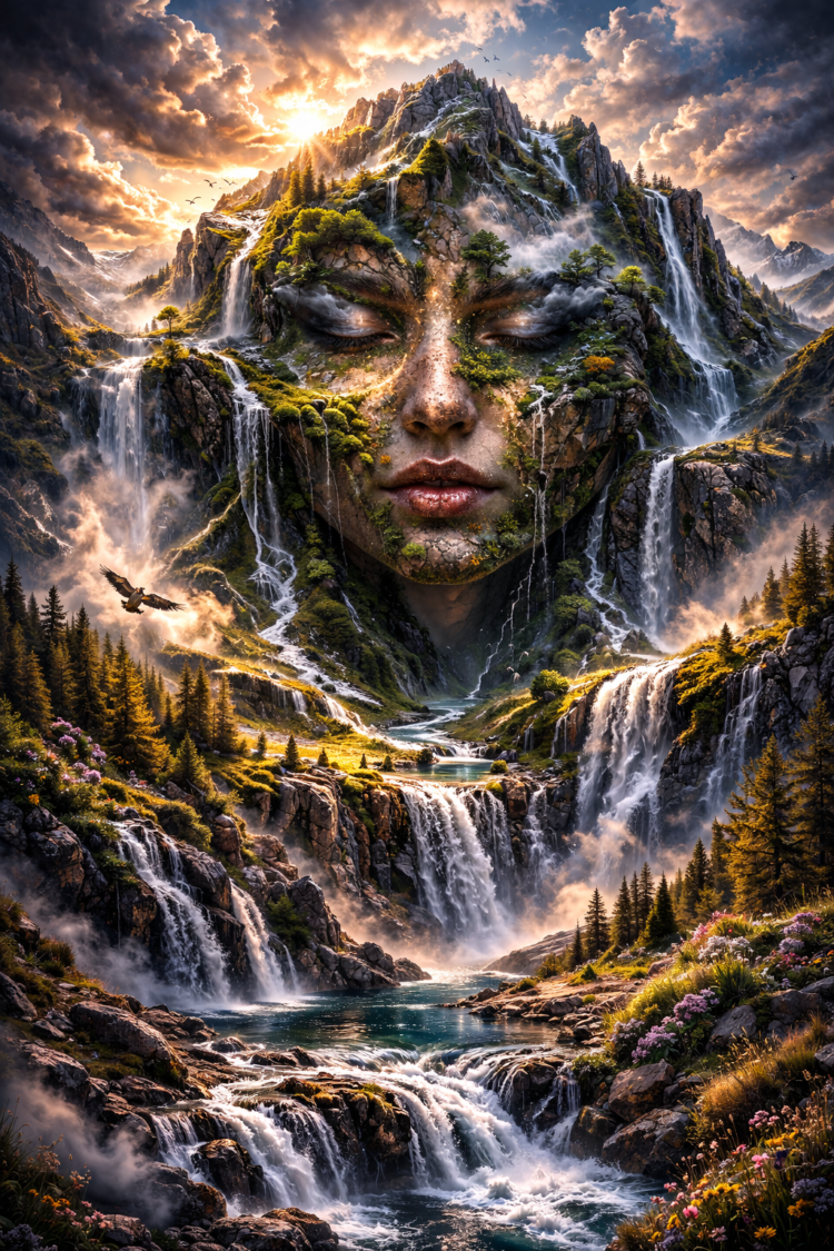 A surreal mountain landscape with waterfalls and trees forms the shape of a peaceful woman’s face under a dramatic sky at sunset.