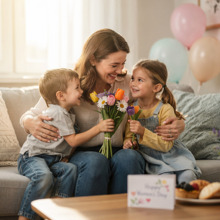 Mother smiling and hugging her two children who are giving her a colorful bouquet of flowers indoors