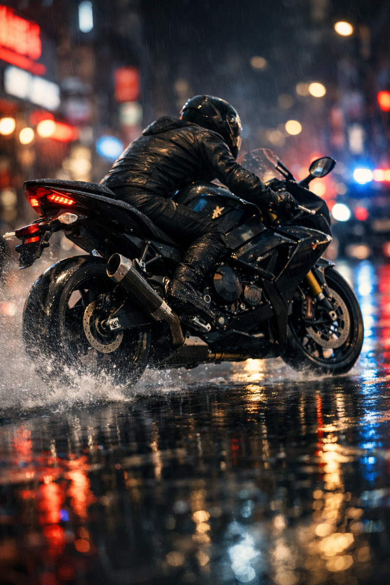 A motorcyclist wearing black protective gear rides a sleek black sport motorcycle on a wet city street at night with bright city lights reflected in the rain