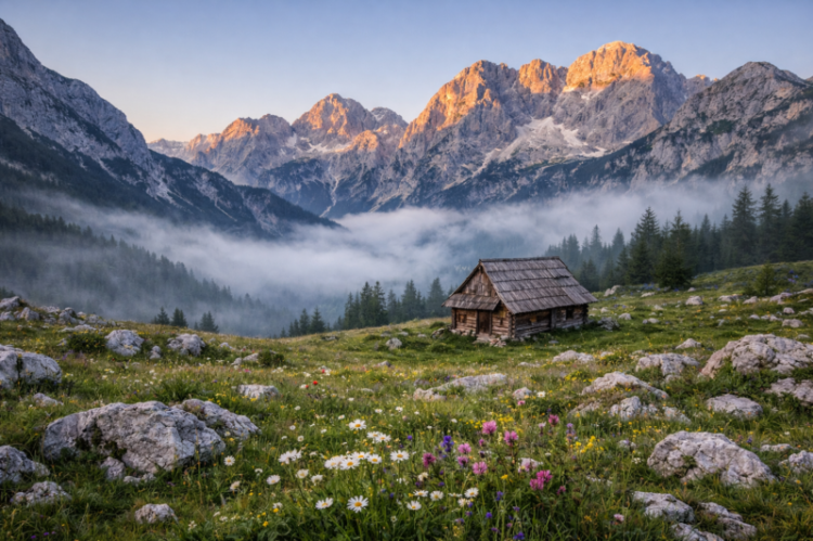 Wooden cabin in a green meadow with wildflowers and rocks, mist covering pine forest, rugged sunlit mountains in background