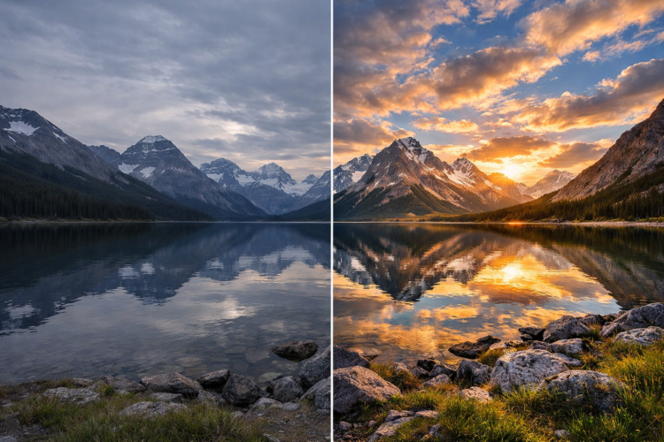 A serene mountain lake reflecting snow-capped peaks and a cloudy sky, shown in two halves: day on left and vivid sunset on right