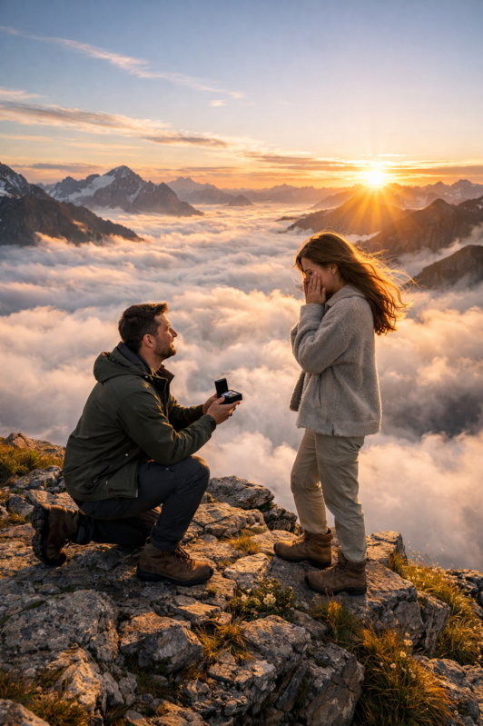 A man kneeling on a rocky mountain ledge proposing to a woman at sunrise above a sea of clouds and distant peaks