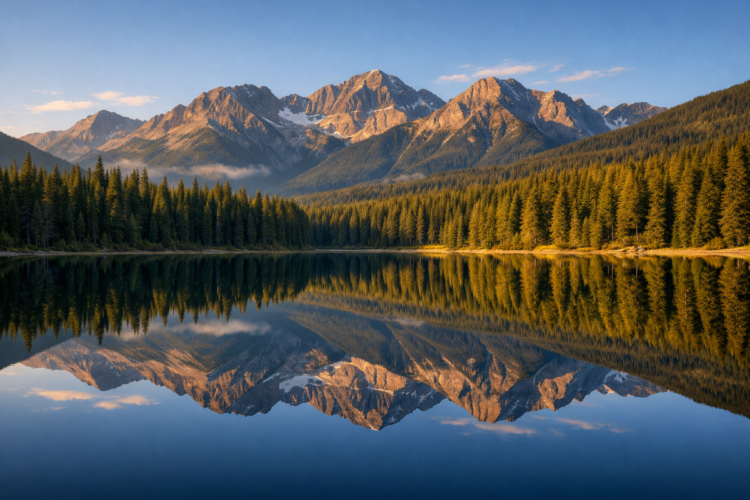 Serene lake reflecting a towering mountain range with pine forest under a clear blue sky at sunset or sunrise