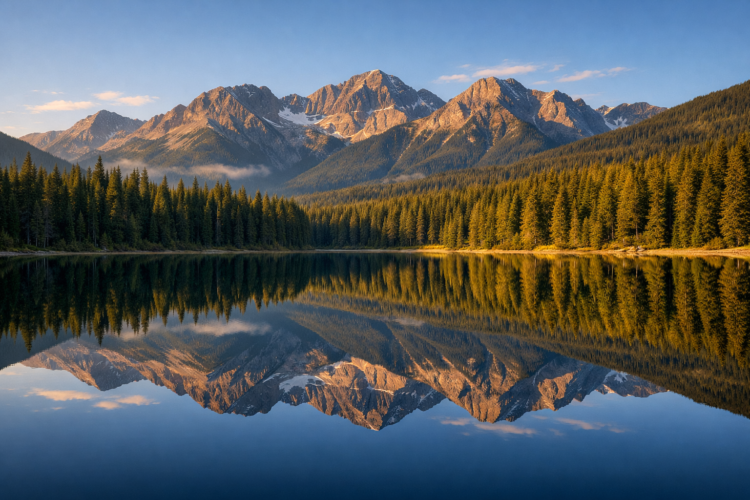 A tranquil lake perfectly reflecting a tall mountain range and dense forest under a clear blue sky at sunset.