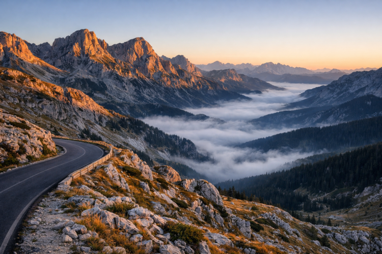 Winding mountain road along rocky terrain with sunlit peaks and a misty valley filled with fog in the distance at sunrise